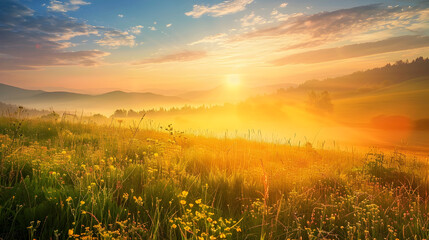 Obraz premium Colorful spring sunrise on meadow