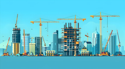 Obraz premium Construction of modern buildings with cranes on blue background.