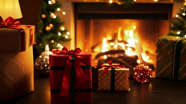 Christmas presents waiting under the tree with fireplace burning in background