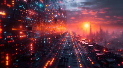 Fototapeta premium Digital Future Construction - Abstract AI Robots Building New Reality with Blank Space for Text