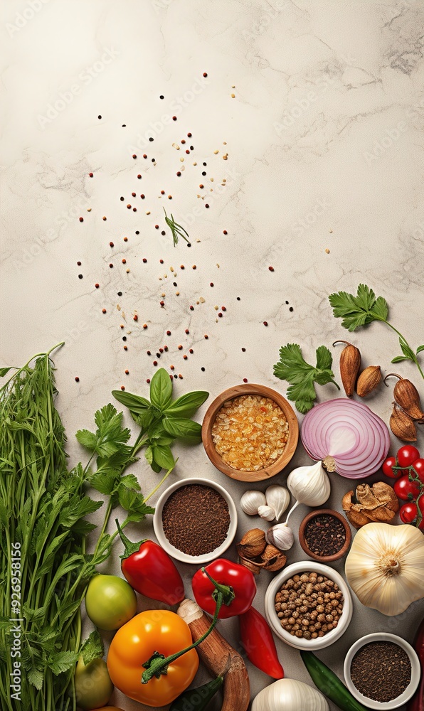 Poster food cooking background on white stone table.