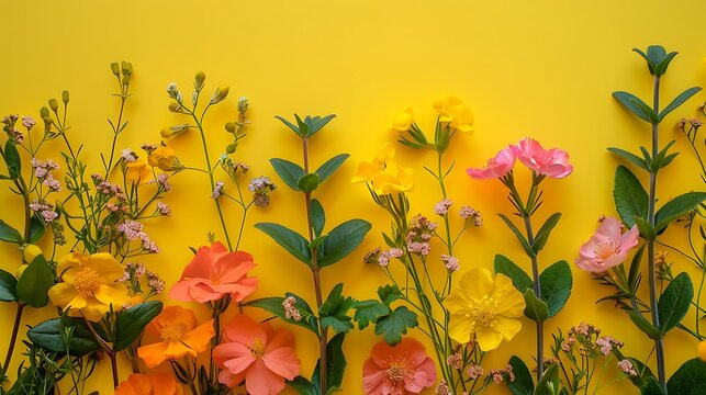 Flowers composition of wild spring yallow flowers on colorful background