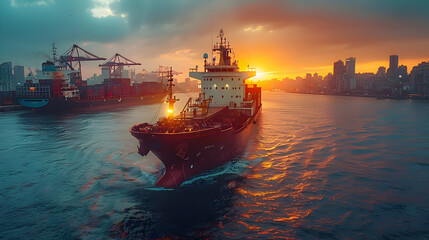 Fototapeta premium Cargo Ship Sailing at Sunset in a Harbor - Photo