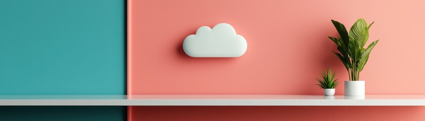 A modern shelf display featuring a cloud decoration and potted plants against contrasting pastel wall colors.