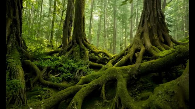 Close-up of massive tree roots in a dense forest. Massive roots covered with moss stretch across the forest floor, emphasizing the strength and age of the Titans. AI video