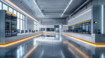 Cutting-Edge Tech Lab with AI Systems and Data Visualization Screens, Text Space on Left Side