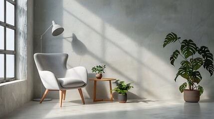 Giant lamp standing over a small wooden table with two plants and a chair in a scandinavian design day room