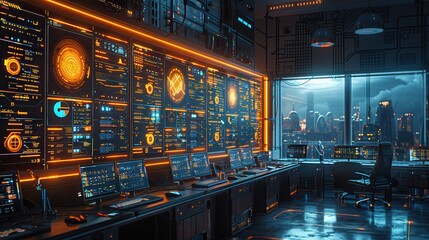 Obraz premium Innovative Tech Office with AI Engineers Working on Algorithms, Copy Space on Left Side