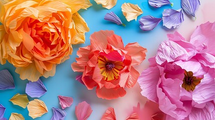 Handmade and hand dyed crepe paper peony flowers with crepe paper flower petals in saturated on colorful background