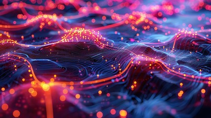 Obraz premium Digital Neural Networks Visualization with Glowing Nodes and Data Streams, Technology Concept on Left Side for Text, 3D Render