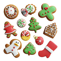 Fototapeta premium Festively decorated Christmas cookies including gingerbread men, trees, ornaments, and stockings. Perfect for holiday treats and celebrations.