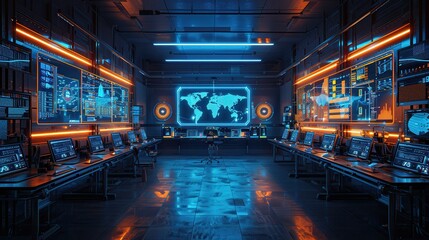 Cutting-Edge Tech Lab with AI Systems and Data Visualization Screens, Blank Space for Text on Left Side