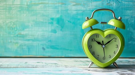 heart green alarm clock on white table and blue wall background