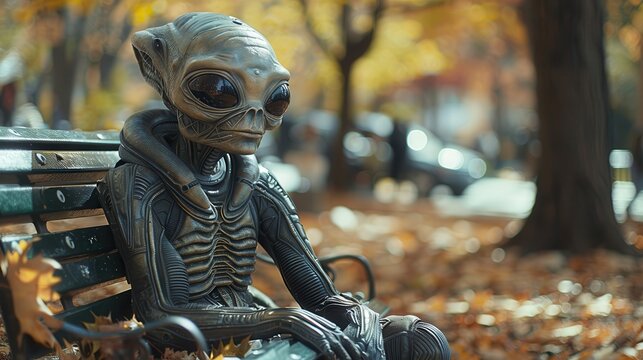 Alien Telepathy in Park - Surreal Encounter with Extraterrestrial Being Communicating with Humans, Blank Space for Text on Right Side