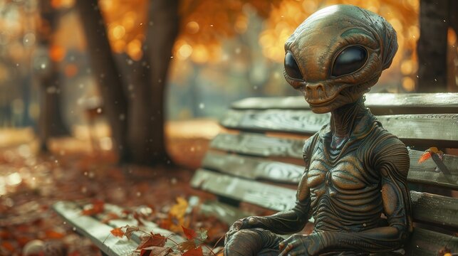 Surreal Encounter: Alien Communicating via Telepathy with Humans in Park | Futuristic Sci-Fi Communication Concept