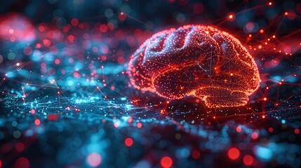 Technological Brain Interface with AI Connections and Blank Space for Text Overlay