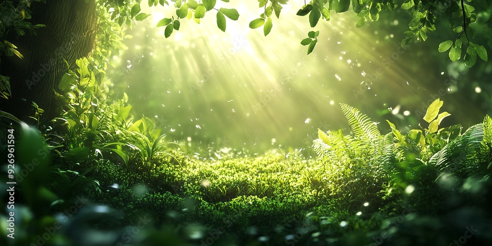 Poster Lush green forest floor illuminated by soft sunlight, creating a serene and peaceful nature scene perfect for relaxation. 