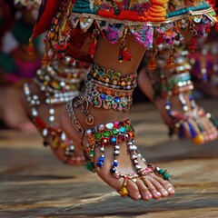 Close-up of traditional dancer's feet adorned with colorful, intricate anklets during a vibrant cultural performance.