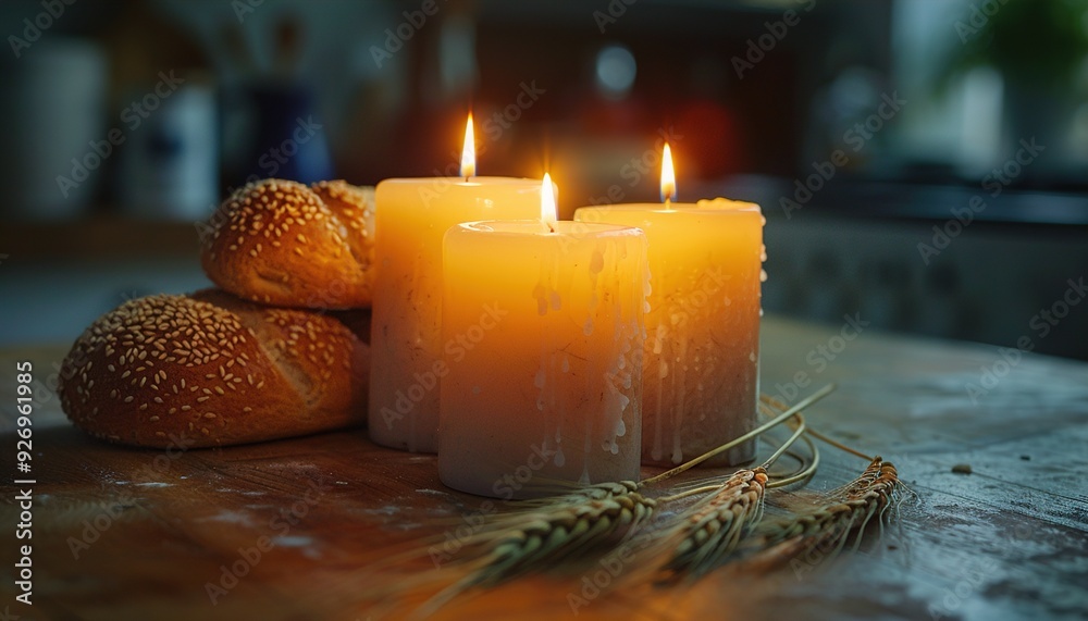 Wall mural candle lantern with wheat ears and homemade bread on wooden table