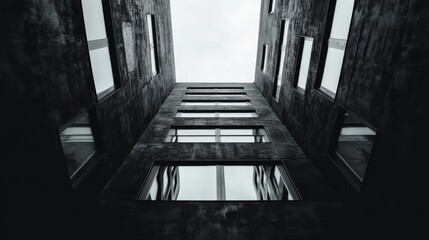 Naklejka premium Upward View of a Concrete Building with Rectangular Windows Reflecting its Own Facade Monochromatic Architecture Photography
