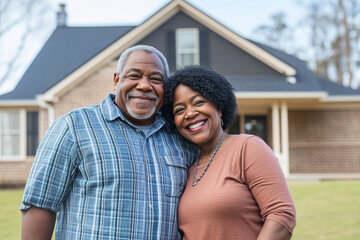 couple of older people are smiling and posing for a picture in front of a house. Scene is happy and friendly