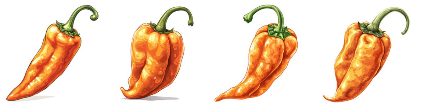 Set of Vibrant Orange Color Datil Pepper Illustration: Detailed Vector Art on white and transparent background.