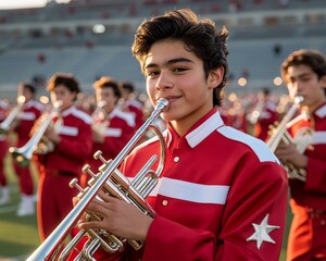 Focused on Brass A young trumpeter in a red uniform stands out against the blurred background of a marching band his intense focus and the gleam of his instrument reflecting the