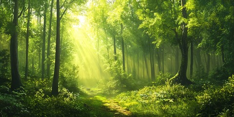 Obraz premium Vibrant green forest with diverse flora and fauna thriving in harmony, sunlight filtering through towering trees, and a serene misty atmosphere.