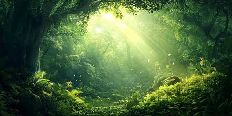 Obraz premium Vibrant green forest with diverse flora and fauna thriving in harmony, sunlight filtering through towering trees, and a serene misty atmosphere.