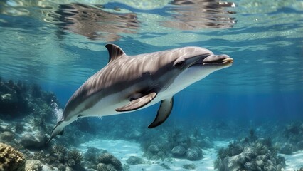 Obraz premium Playful dolphin swimming in a tropical ocean, coral reef below, clear blue water, joyful and fre