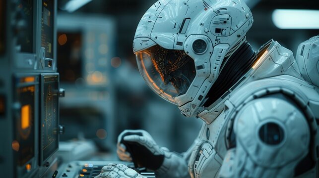 Interstellar Collaboration: Alien and Human Scientists in High-Tech Laboratory Setting the Foundation for the Future of Science. Left Side Space for Text Overlay.