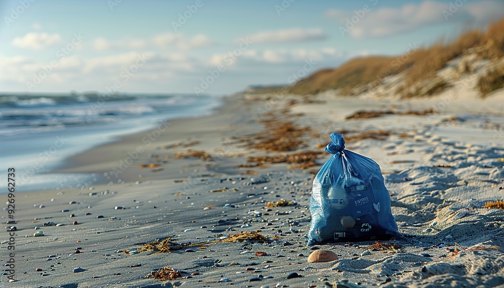 Poster a bag of garbage polluting a beautiful sandy beach