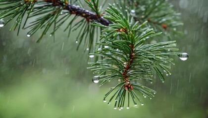  Raindrops glistening on a pine branch