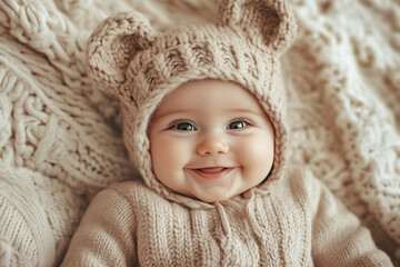 baby wearing a bear hat and a brown sweater is smiling. The baby is laying on a bed with a blanket