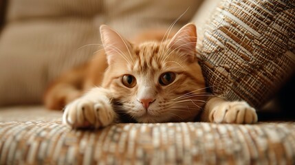 Lazy orange and blond colored cat on a sofa with paw extended and staring