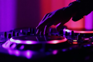 Close-up of DJ mixing music on a professional turntable console in vibrant purple and pink lighting, creating a party atmosphere.