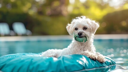 Little white dog with green stained fur from rubbing on the protective cover of an inground swimming pool sits on the deck