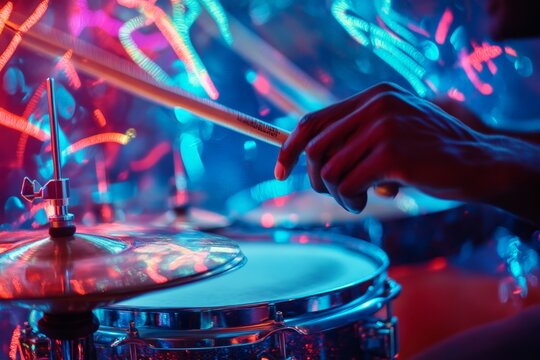 Close-up of drummer's hand playing drum kit in vibrant neon lights, capturing the rhythm and energy of live music performance.