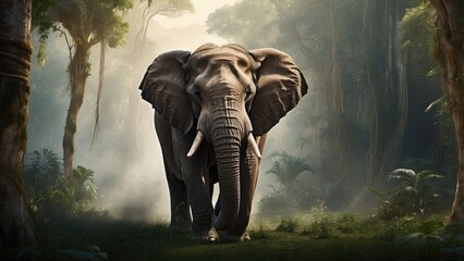 Majestic elephant walking through a dense jungle, towering trees above, 