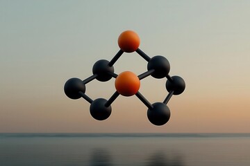 Obraz premium Spherical organic molecules floating in a minimalist, artistic composition, each connected by delicate bonds, Spherical molecules, Elegant Organic Chemistry