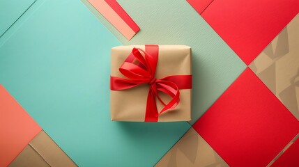 minimalism geometric patterns greeting card with a gift box on colorful background