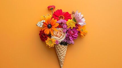 Mix of flowers and sweets in a waffle cone on yellow and orange background