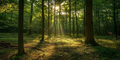 Obraz premium Sunlight filters through the trees, creating a serene atmosphere in a forest glade