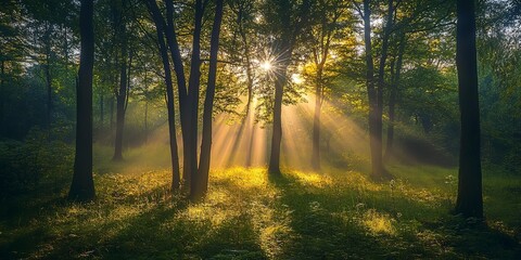 Sunlight filters through the trees, creating a serene atmosphere in a forest glade 