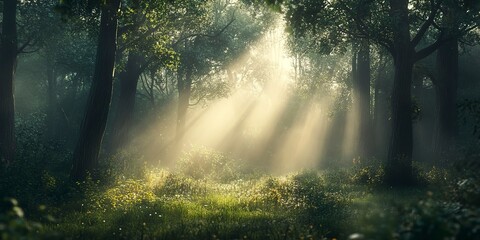 Fototapeta premium Sunlight filters through the trees, creating a serene atmosphere in a forest glade