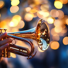 Fototapeta na wymiar Close-up of a trumpet in a musician's hand with beautiful bokeh lights in the background during a night-time performance.