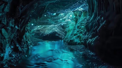 A view of a dark cave with an underground river. The walls are covered in small, glowing lights, creating a surreal and otherworldly atmosphere.