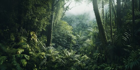 Obraz premium Dense vegetation and towering trees in a tropical rainforest, Realism, Earthy tones, Photography 