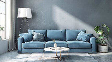 modern scandinavian interior blue sofa white lamp in living room