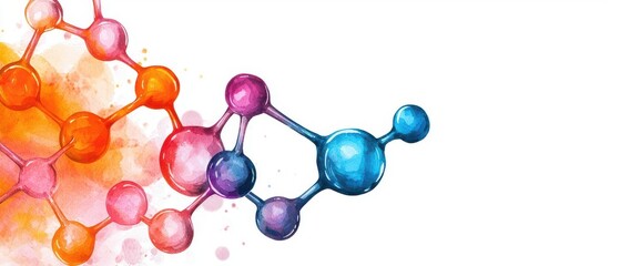Organic chemistry synthesis, bright molecular bonds and shapes, energetic flow, watercolor style
